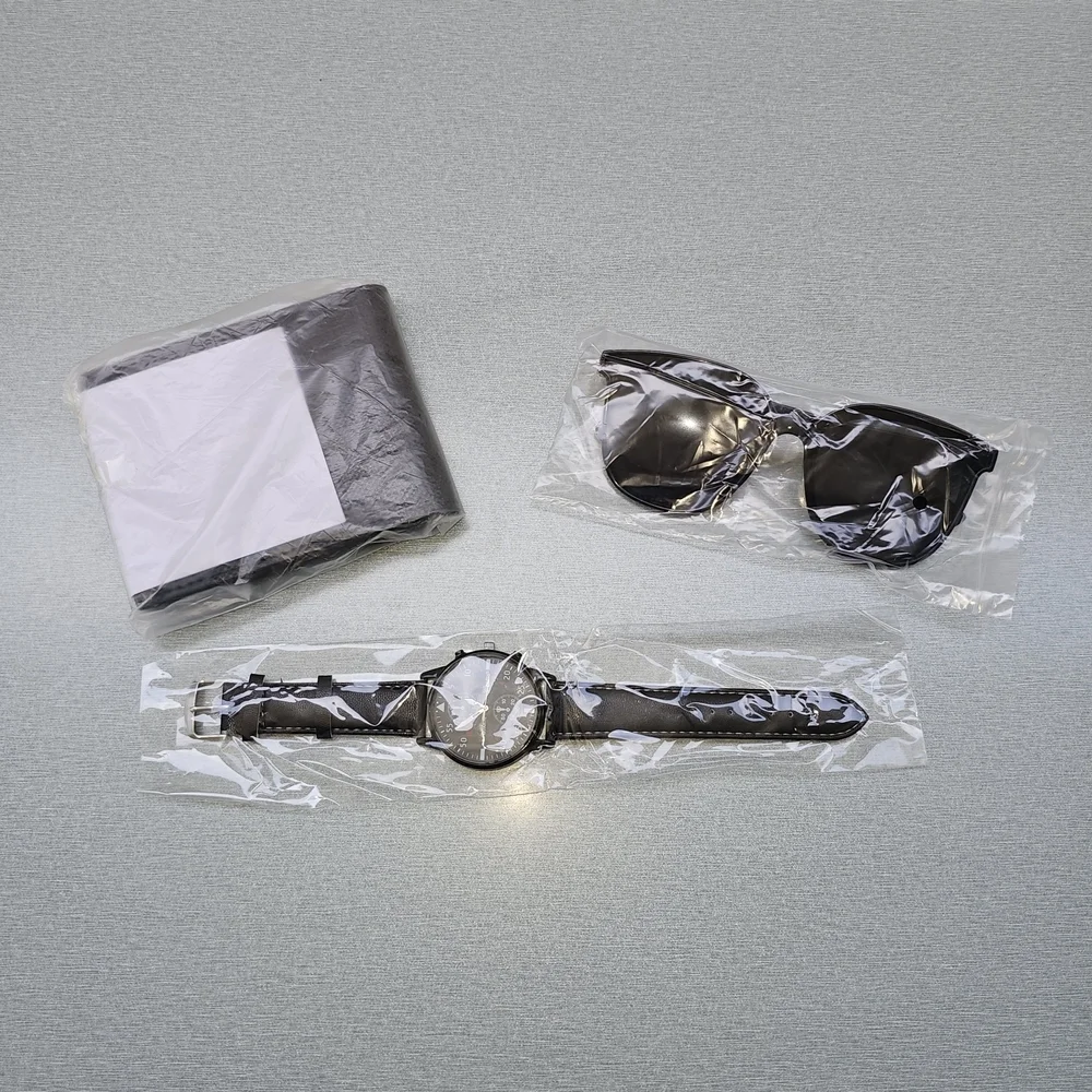 Man's Elegant Black Watch, Sunglasses, and Wallet Set